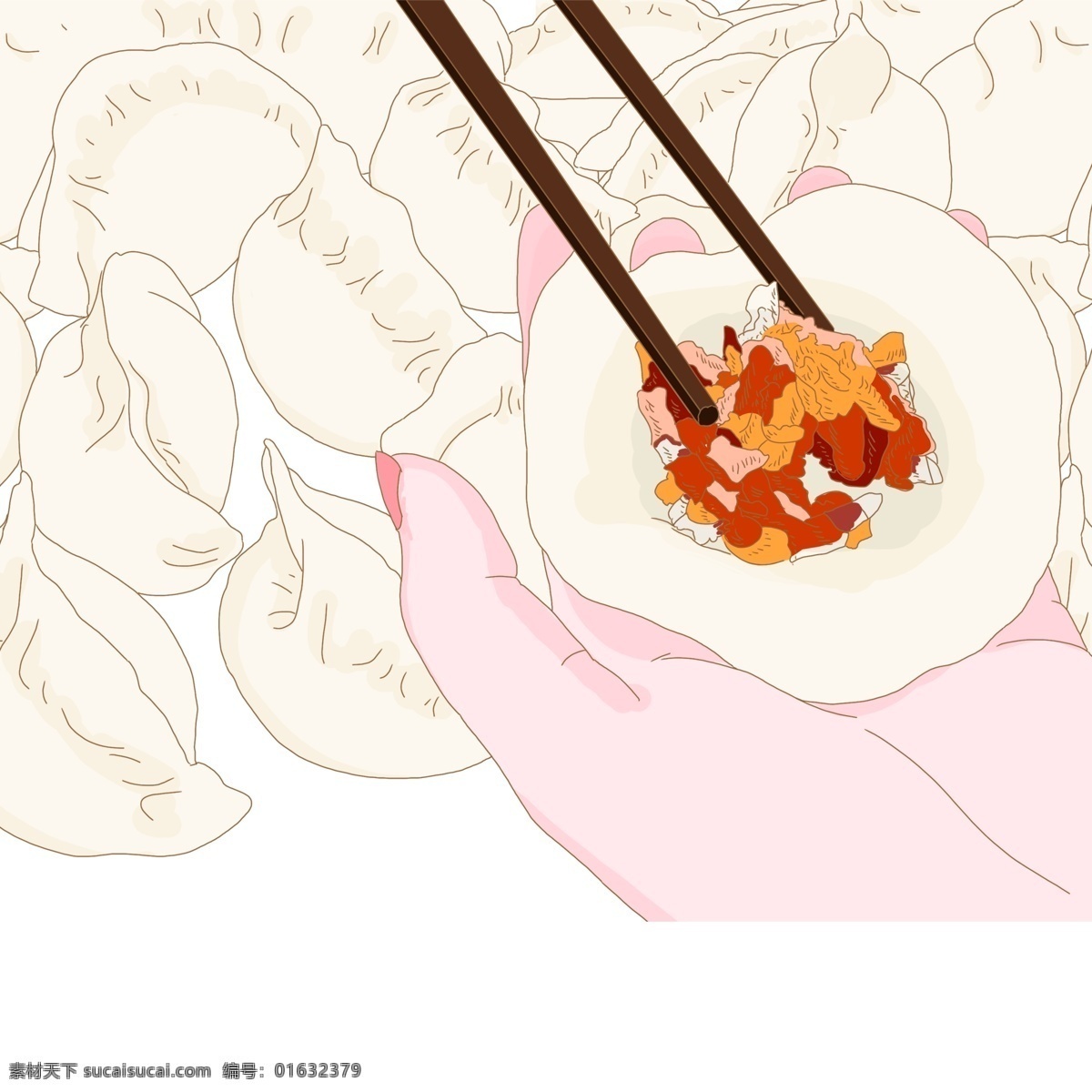 手绘 冬至 包 饺子 创意设计 卡通手绘 插画 二十四节气 筷子 节气 包饺子