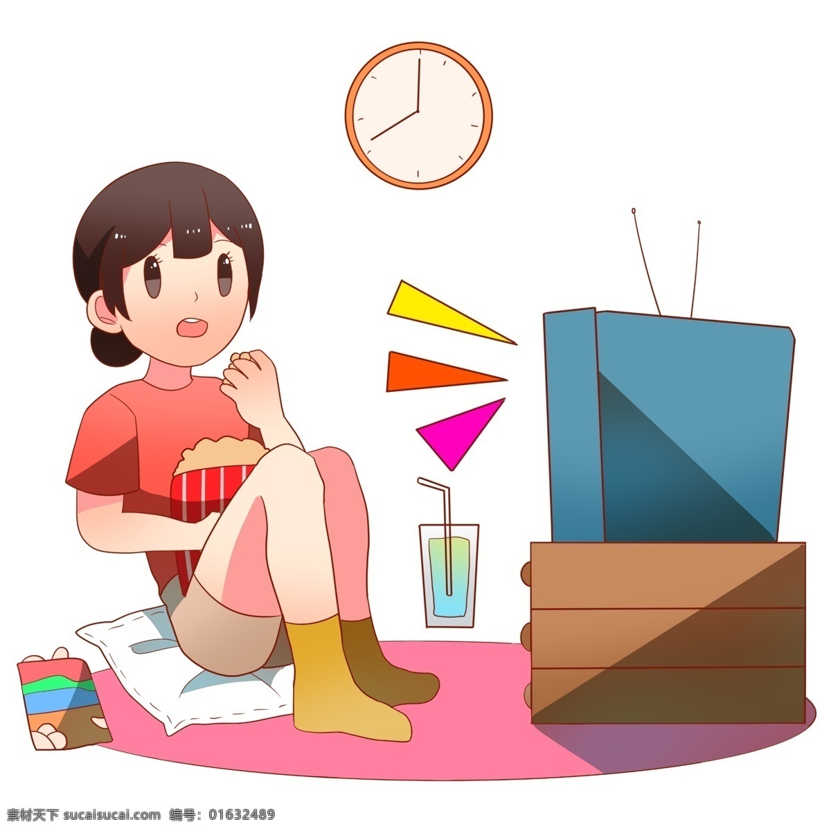 手绘 看 电视 宅 女 插画 卡通插画 旋转的钟表 吃零食的女孩 手绘宅女插画 宅在家的女孩 蓝色的电视机