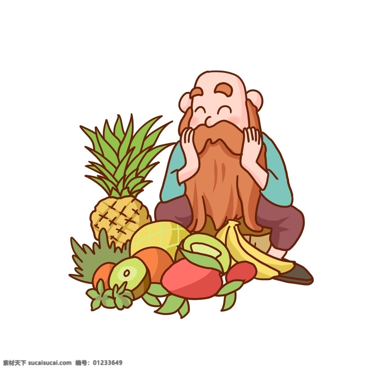 丰收 农民 瓜果 手 绘图 老爷爷 卡通人物 菠萝 香蕉 猕猴桃 奇异果 水果 手绘图 胡子