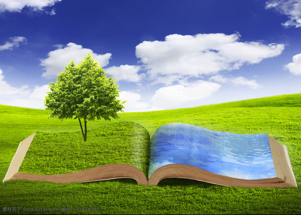 蓝天绿地 书本 课本 树木 树 树子 自然 绿色 书 创意 书页绿草 草地 水 绿色环保 蓝天 白云 魔法书 环保 设计自然设计