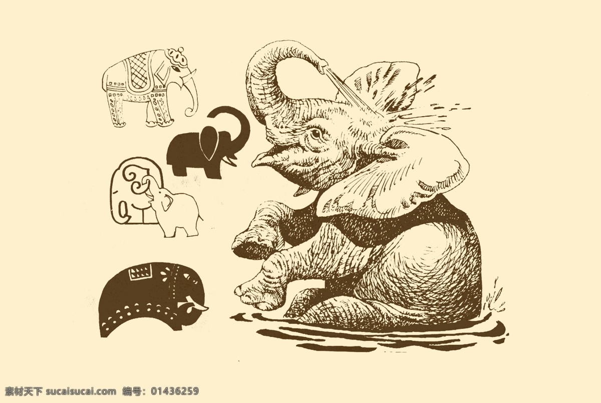 动物图案 大象 卡通 动物 纹样 图案 白描 简笔画 儿童画 象 分层 源文件