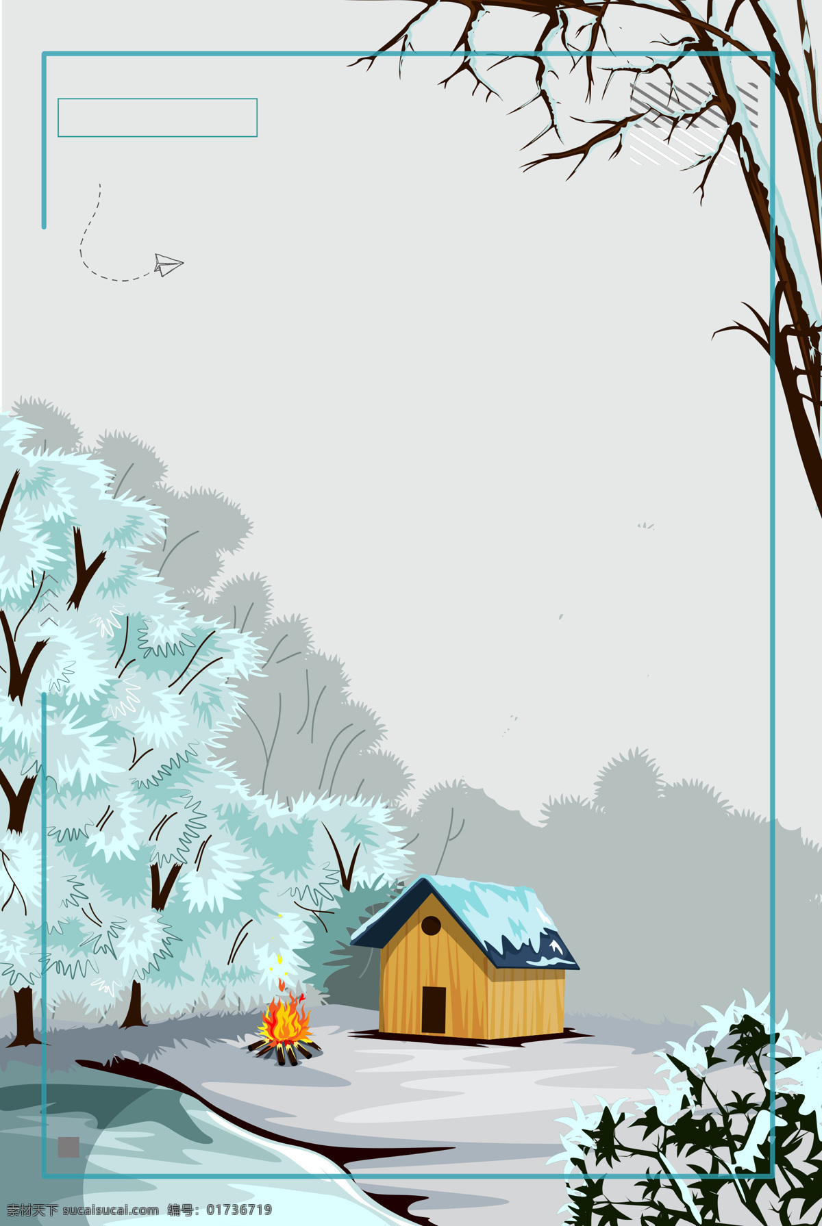 浪漫 冬季 森林 背景 边框 广告 湖泊 木屋 树林 线条 小清新 雪花