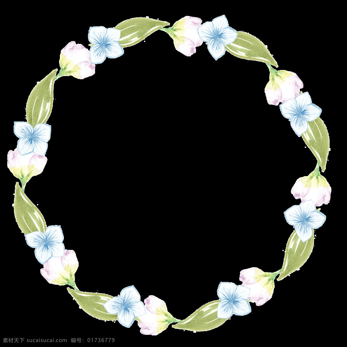 清新 浅色 花朵 手绘 花环 装饰 元素 蓝色花蕊 植物 装饰元素