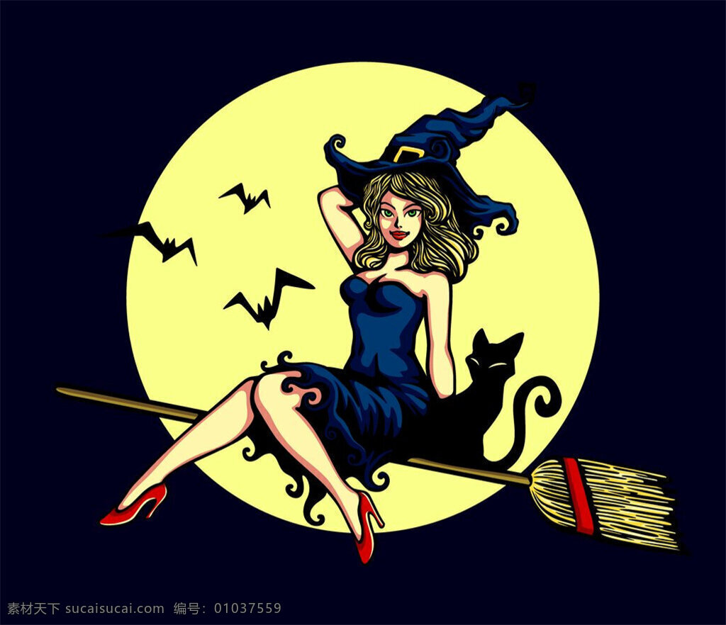 坐 扫把 万圣节 美女 巫师 蝙蝠 女巫 万圣节素材 美女巫师