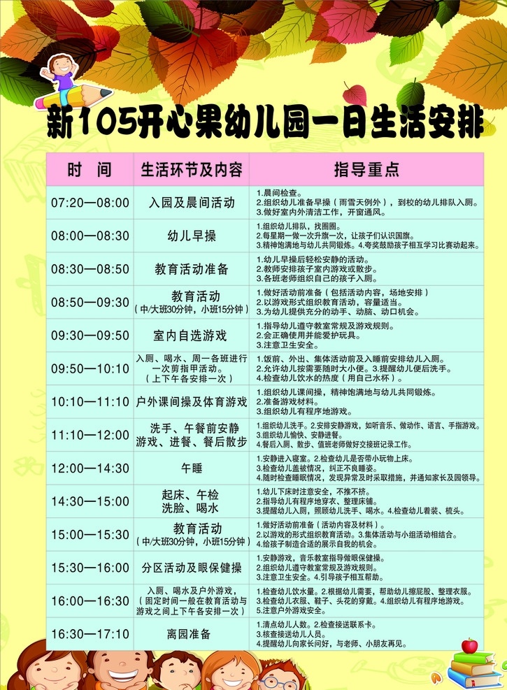 幼儿园 一日 生活 安排表 幼儿园站牌 一日生活安排 幼儿园生活 时间表 幼儿园可爱图 幼儿园底图 幼儿园制度 卡通儿童 图书 卡通书籍 五彩树叶 画笔 枫叶 自由自在