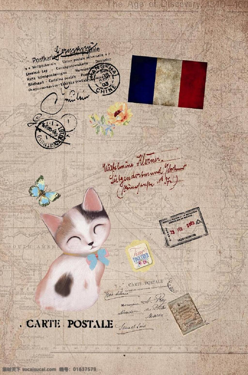 猫 国旗 复古 痕迹 蝴蝶 破旧 猫国旗 小猫 邮戳 文化艺术 psd源文件