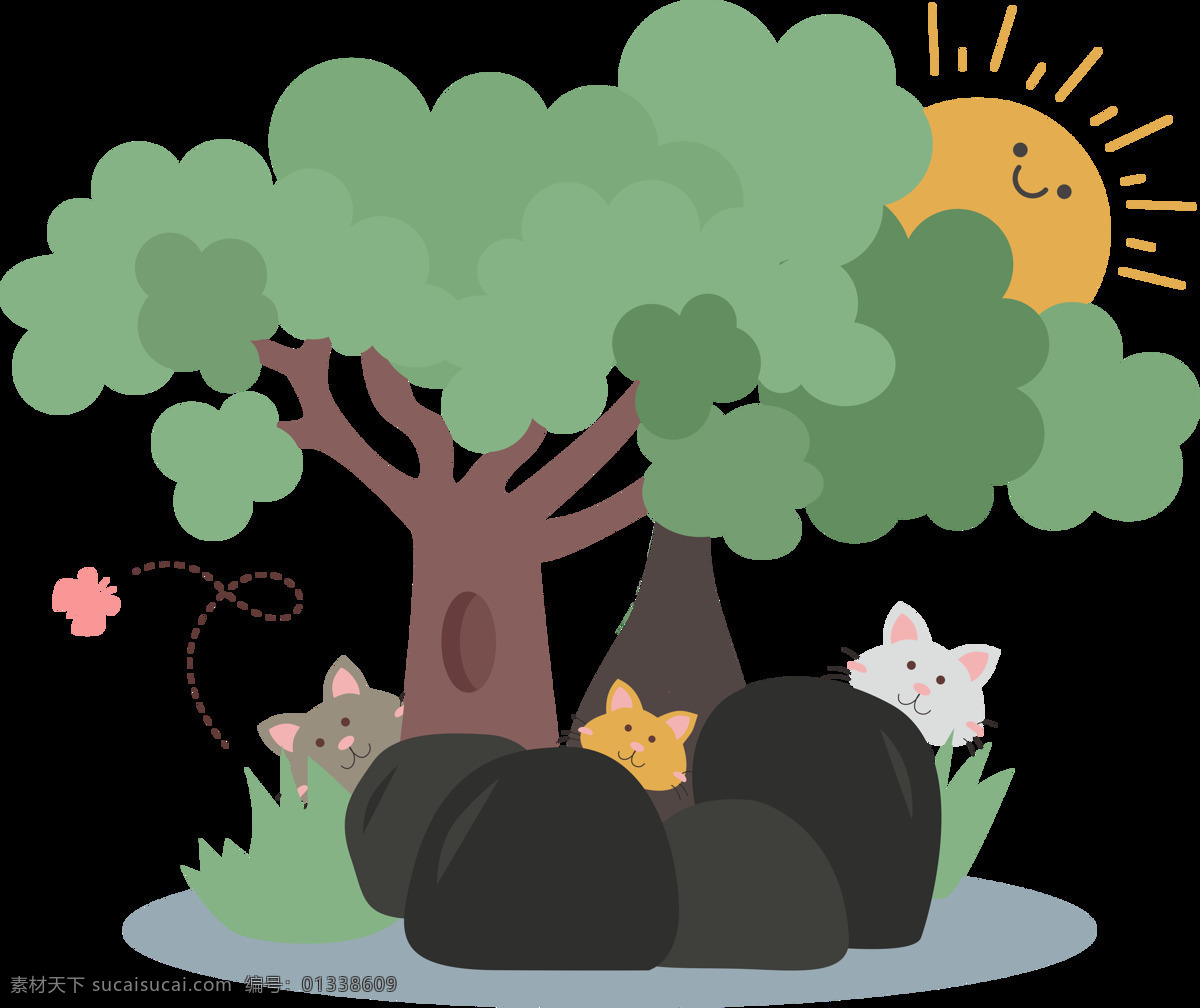 卡通 森林 小 猫咪 插画 元素 可爱 小猫咪