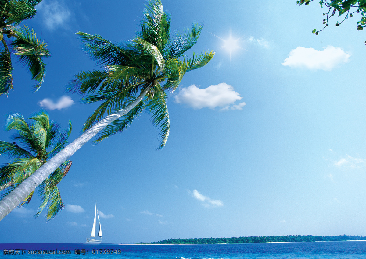 白云 波浪 海景 海滩 海湾 蓝天 绿色 摄影图库 湛蓝 海天 椰树 湛蓝海天椰树 小岛 椰子林 椰子树 小船 天空 沿海 自然景观 自然风景 psd源文件
