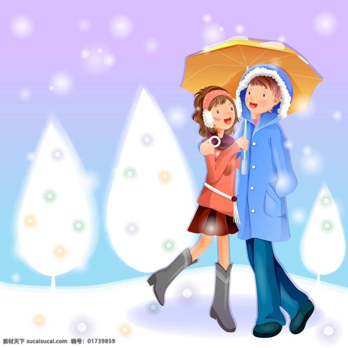情人节 卡通人物 情侣 伞 雪景