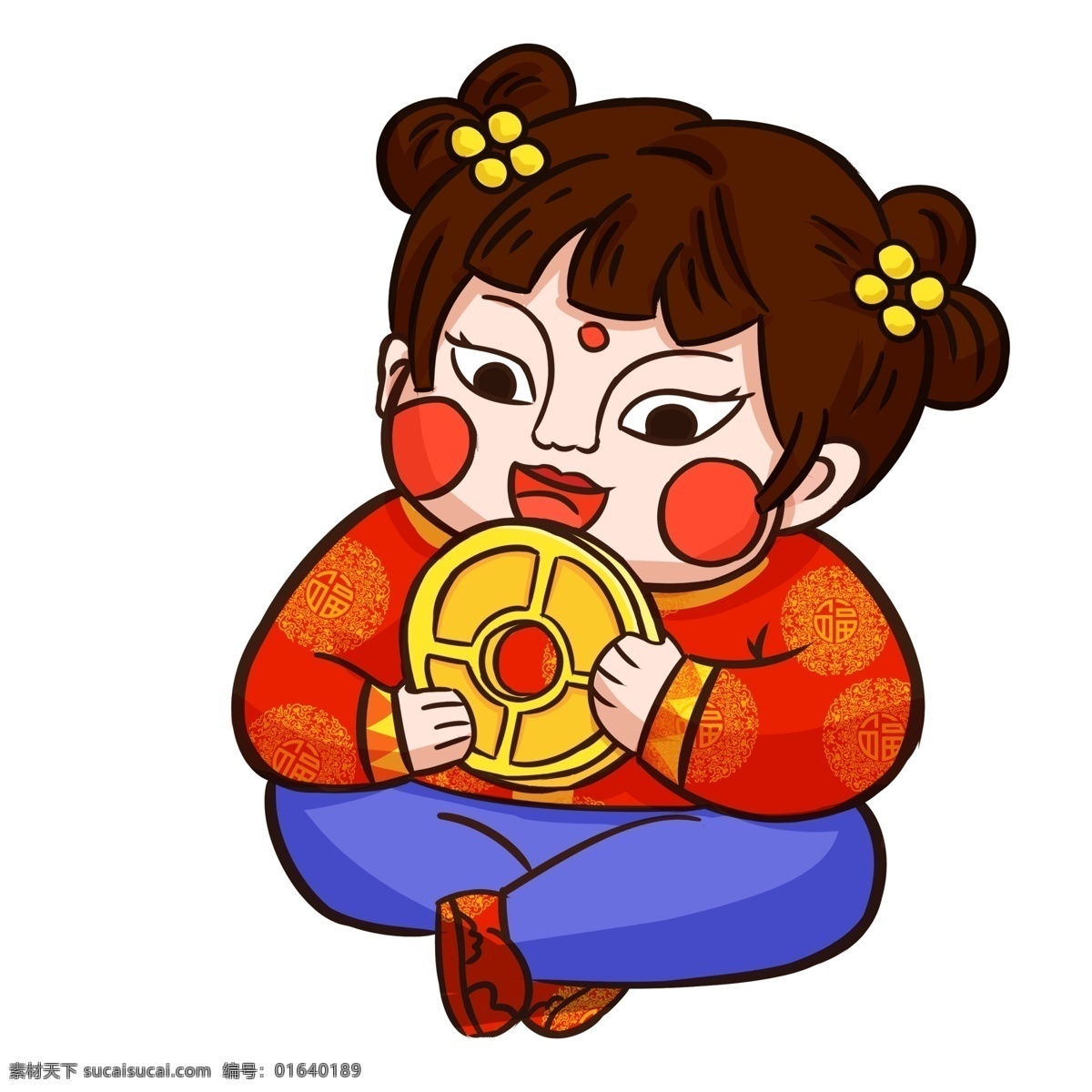 传统 中国 风 铜板 女孩 喜庆 中国风 插画 春节 新年 2019年