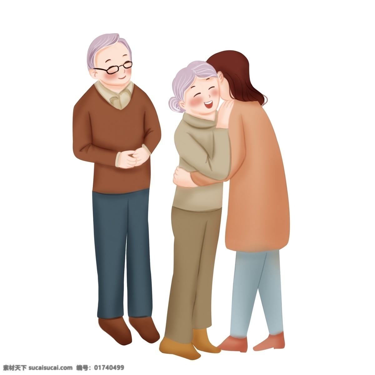 手绘 开心 团聚 插画 开心的父母 回家的孩子 幸福的一家人 卡通插画 手绘团聚插画 拥抱的母女