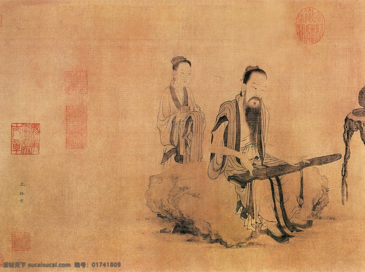 伯牙鼓琴图a 人物画 中国 古画 中国古画 设计素材 人物名画 古典藏画 书画美术 橙色