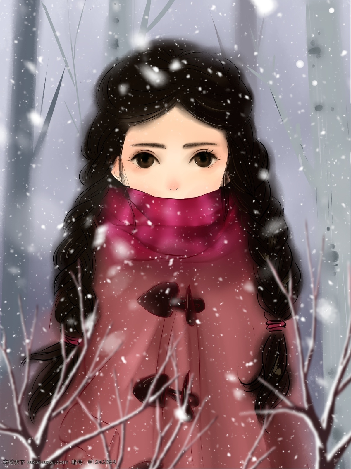 雪 中 戴 围巾 麻花 辫 女孩 水彩 风格 冬天 壁纸 插画 树枝 大雪 飘雪 配图 麻花辫