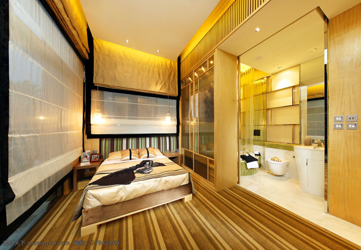 现代 时尚 卫生间 浅褐色 条纹 地板 室内装修 图 卧室装修 木制地板 白色窗帘 黄色背景墙