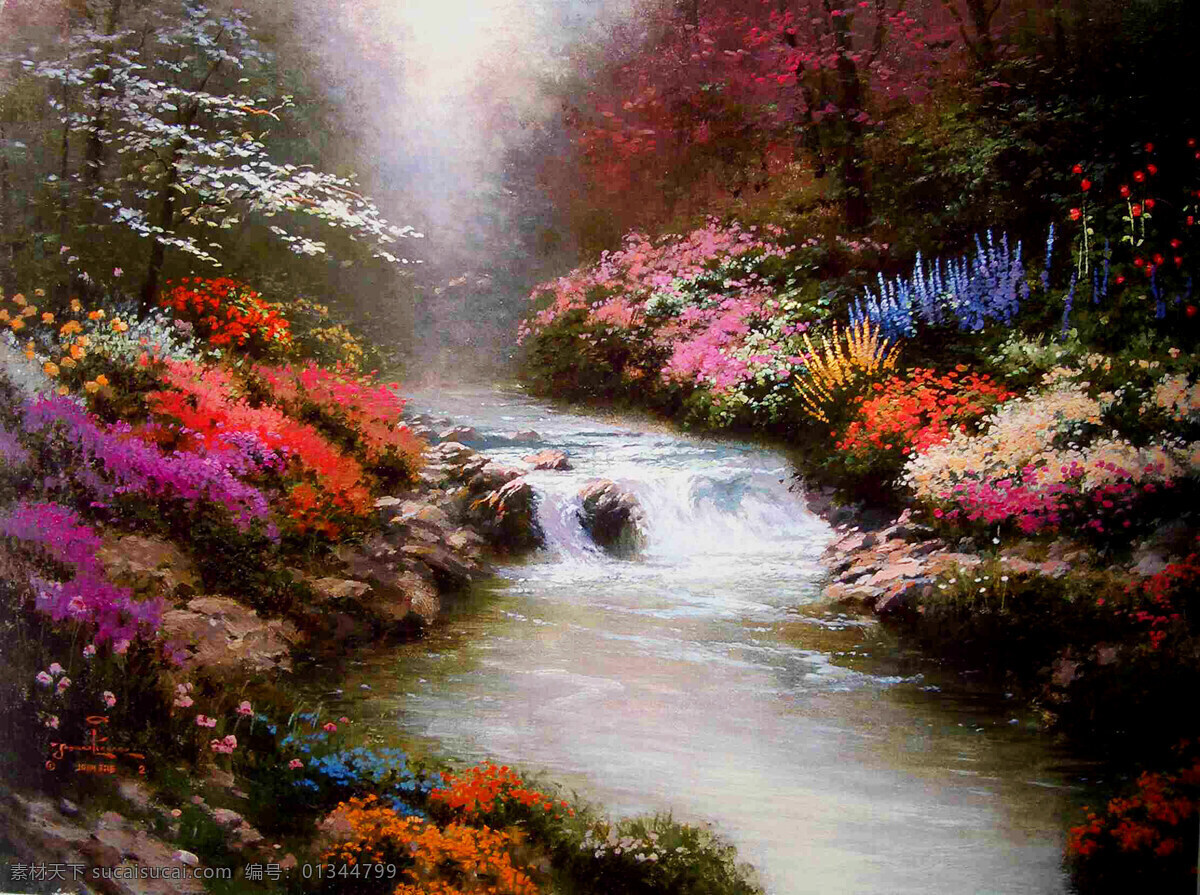 风景 花卉 花木 绘画 绘画书法 美术 山岭 小溪 油画 现代油画 溪流 树木 植物 溪水 油画艺术 油画作品9 文化艺术 装饰素材