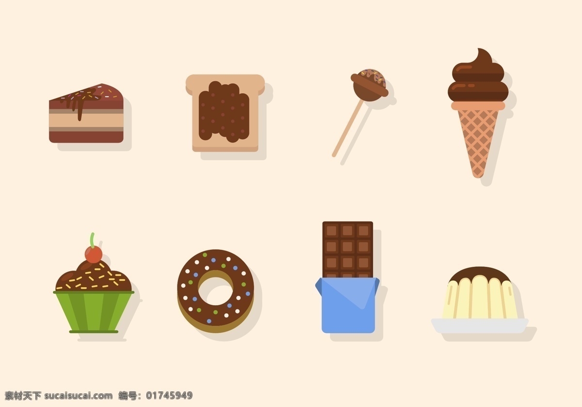矢量 巧克力 甜品 扁平食物 矢量素材 美食 手绘食物 手绘甜品 蛋糕 冰淇凌 雪糕 布丁 甜甜圈