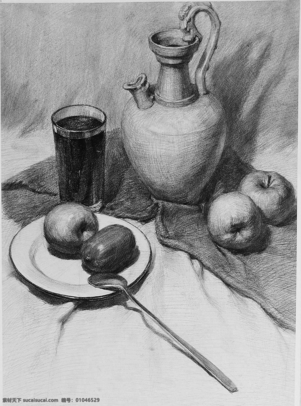 素描 素描静物 静物素描 素描作品 罐子 玻璃杯 苹果 艺术绘画 文化艺术 绘画书法