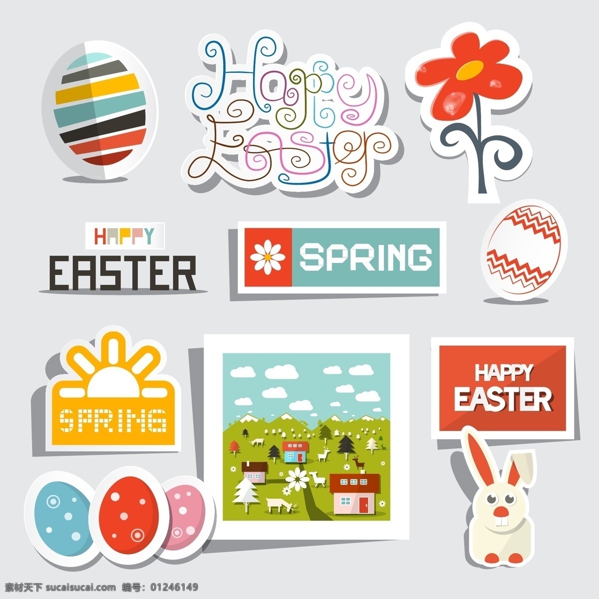 复活节 贴纸矢量 花朵 太阳 彩蛋 兔子 贴纸 happy easter 农场 春季 矢量图 ai格式 图标 标签 标志图标 其他图标 白色