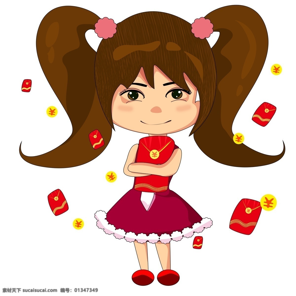 卡通 可爱 小女孩 抱 红包 抱着红包 恭喜发财 大红包 大眼睛 穿裙子 美丽 新年2018 电商 双十一 双十二 购物
