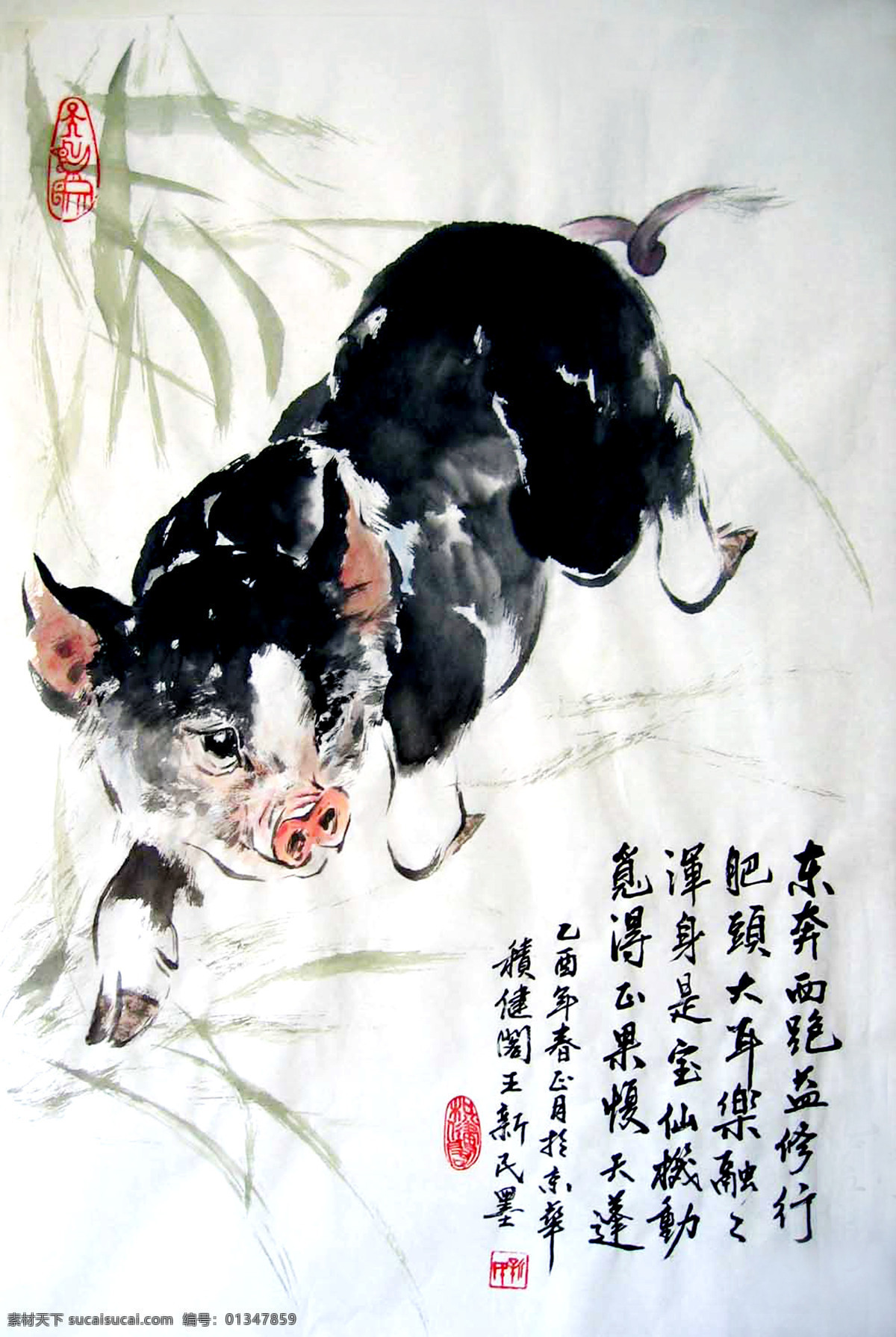 黑猪 美术 绘画 中国画 工笔画 人物画 动物画 猪 奔走 书法 印章 国画艺术 国画集25 绘画书法 文化艺术