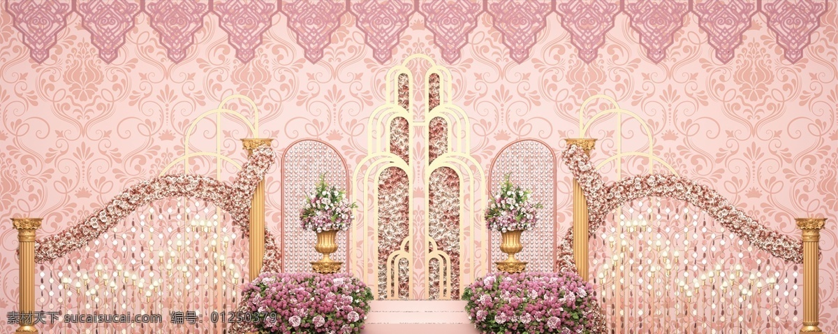 粉色 婚礼 迎宾 区 效果图 婚礼效果图 扇子 花墙 欧式背景花纹 欧式花纹 粉色婚礼 婚礼主舞台 金色罗马柱 欧式罗马柱 水晶珠串