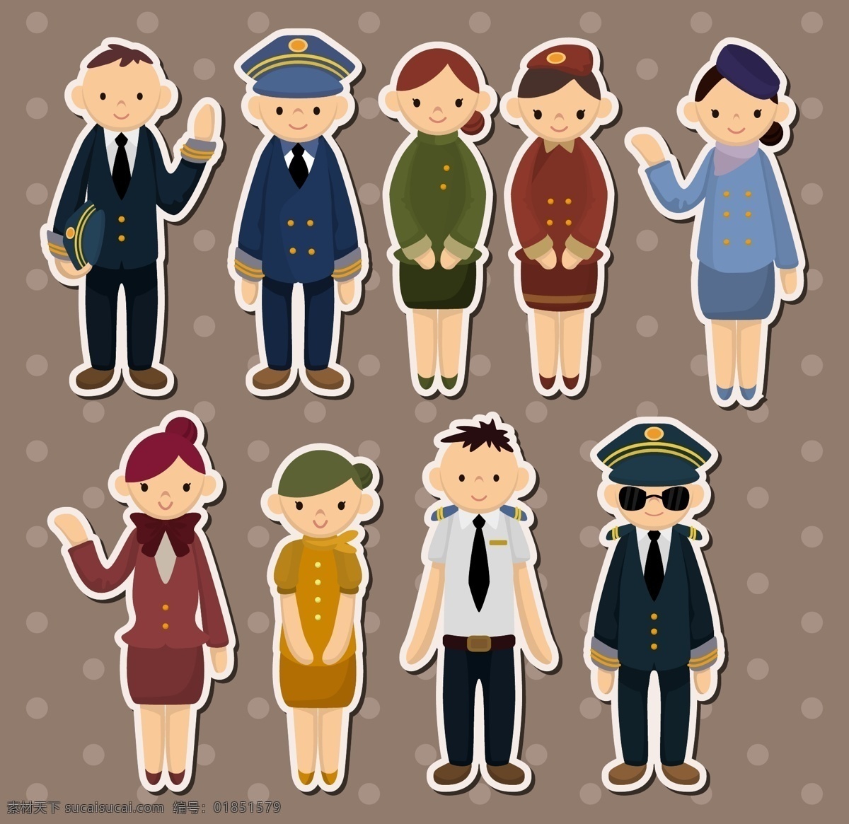 警察 空姐 儿童 卡通 贴纸 标签 矢量 乘务员 手账