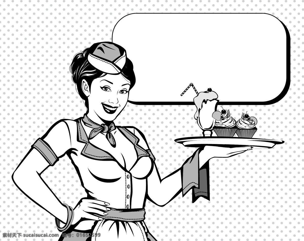 服务员 卡通 黑白 动漫 欧美 女性 对话 矢量 蛋糕 国外 人物 漫画 形象 手绘 对话框 分镜