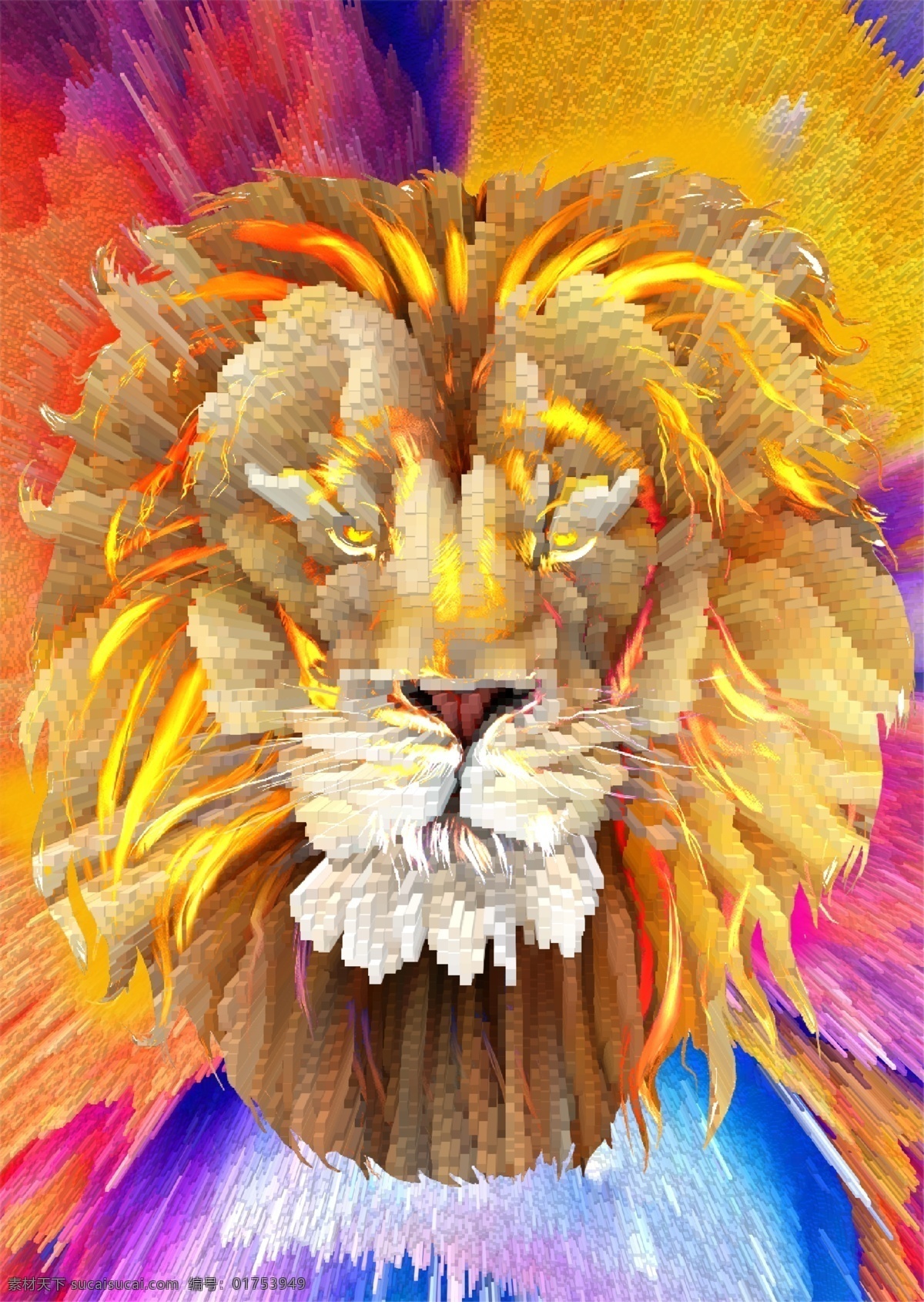 狮子 3d 插画 狮子插画 爆炸风格 狮子头画 3d突出画 手绘 分层 背景素材
