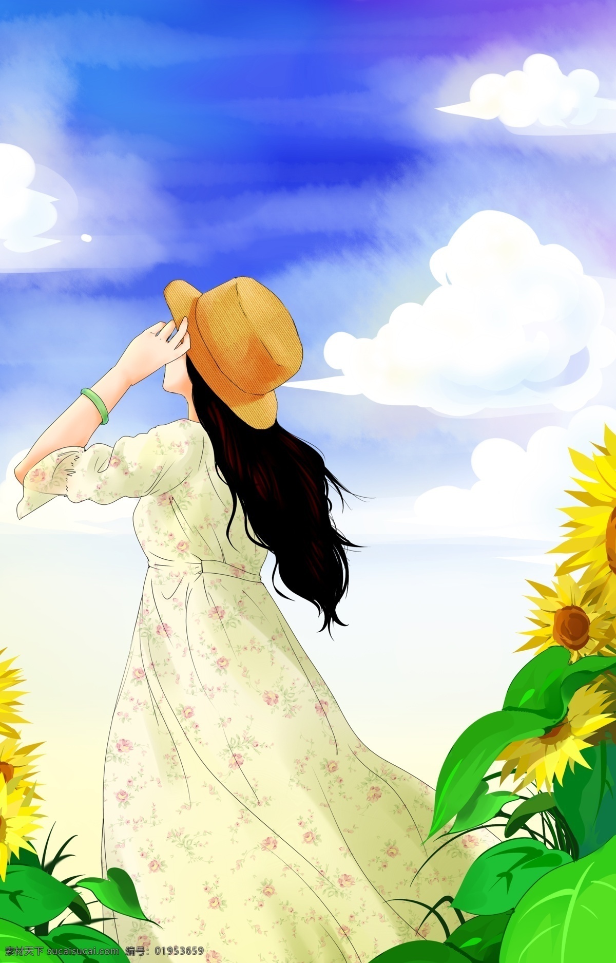 情感插画 情感 插画 插图 卡通 漫画 情侣 男女 感情 爱情 草帽 向日葵 恋爱 帅哥 背影 美女 蓝天 白云 花草 田园 碎花 动漫动画 动漫人物