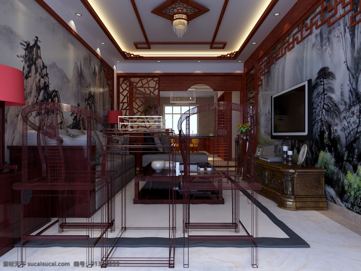 中式 装修 3d设计 家装 客厅 室内效果图 室内 效果图 红色中式 3d模型素材 其他3d模型