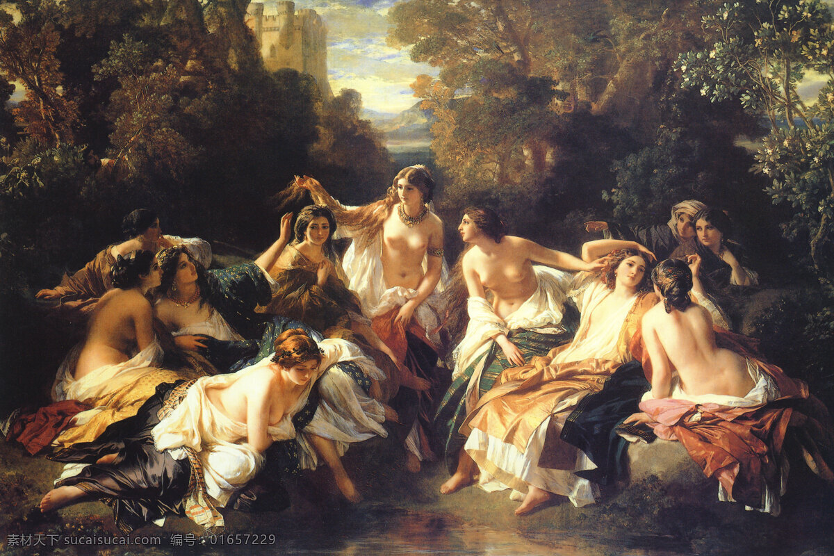 水边 聊天 女 人们 欧洲 油画 妇女 美女 河边 装饰阿虎
