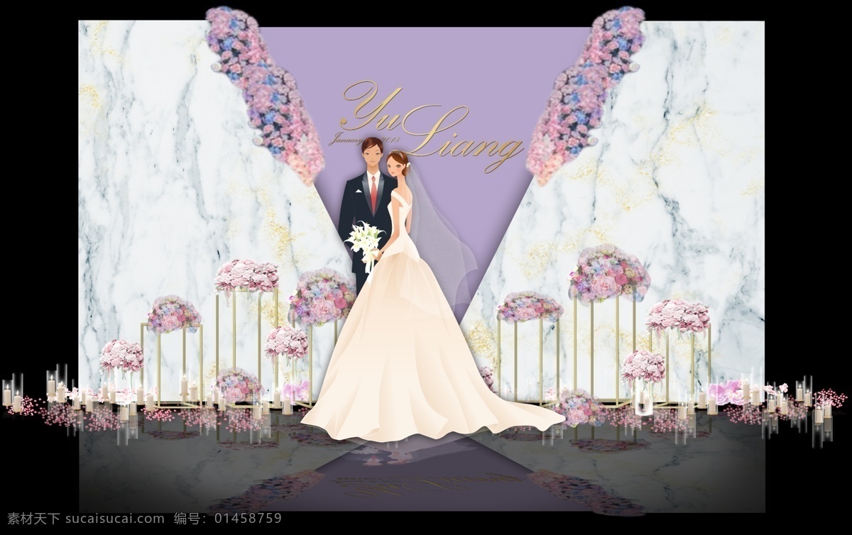 紫色 大理石 婚礼 简约 迎宾 框架 花瓣 唯美 浪漫 花条 新娘 新郎 花球 镜面 蜡烛