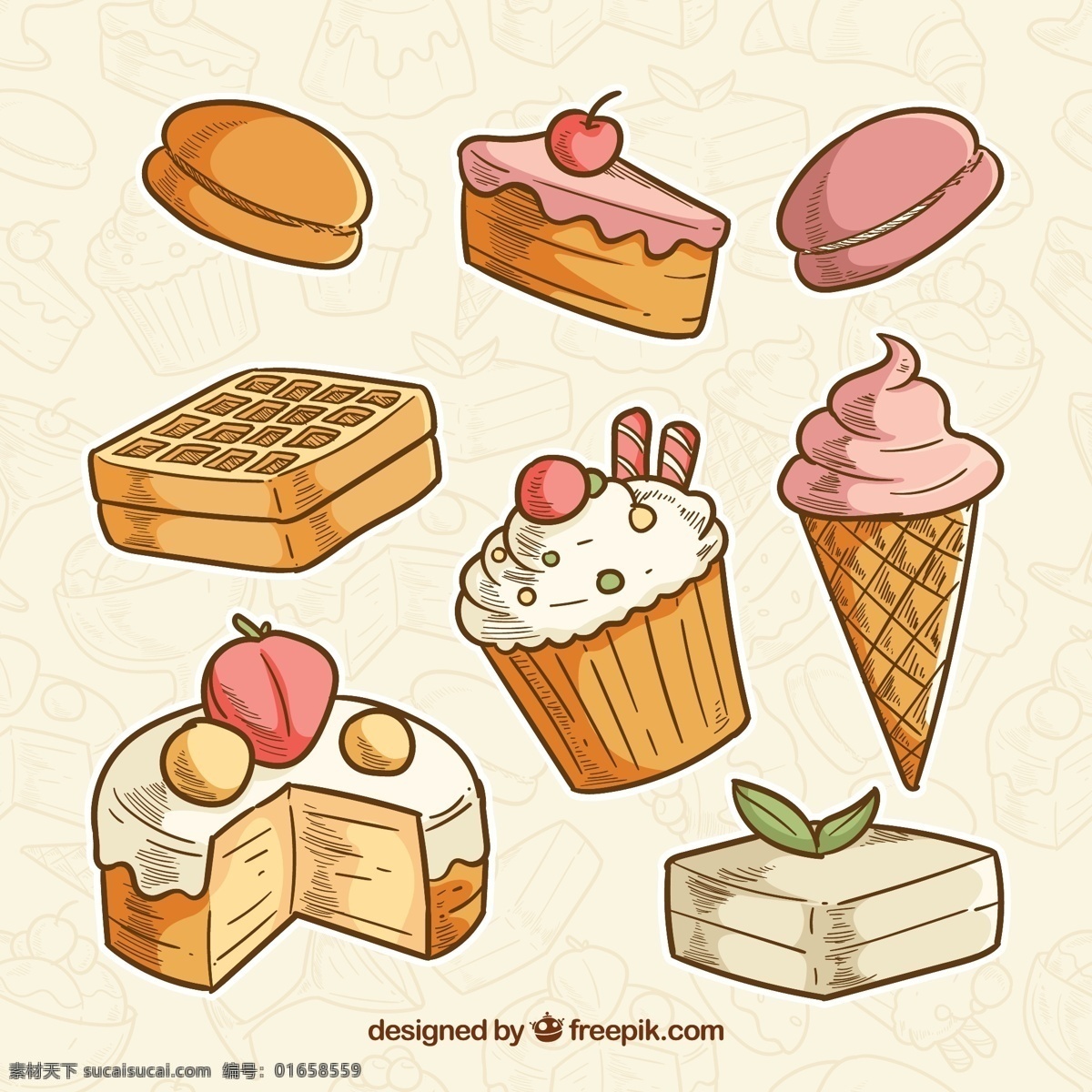 款 手绘 甜点 矢量 铜锣烧 三角蛋糕 纸杯蛋糕 冰淇淋 蛋糕 草莓 华夫饼 樱桃 水果 面包 标志图标 其他图标