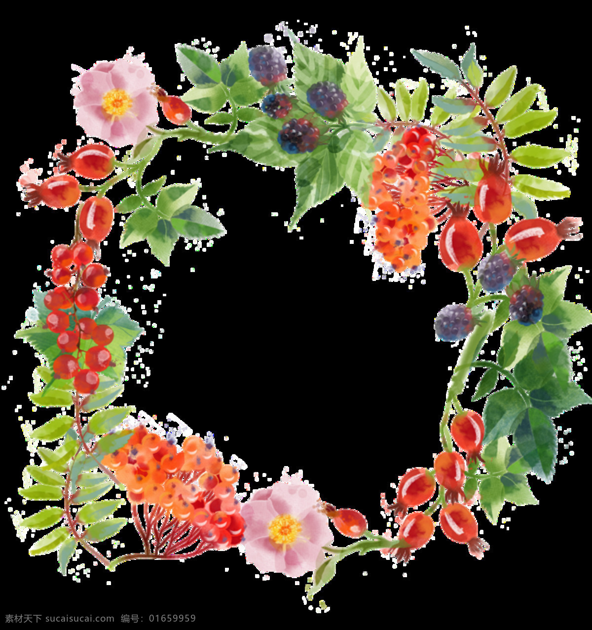文艺 红色 系 花朵 手绘 花环 装饰 元素 橙色花朵 粉色花朵 花瓣 花环图案 绿色树叶