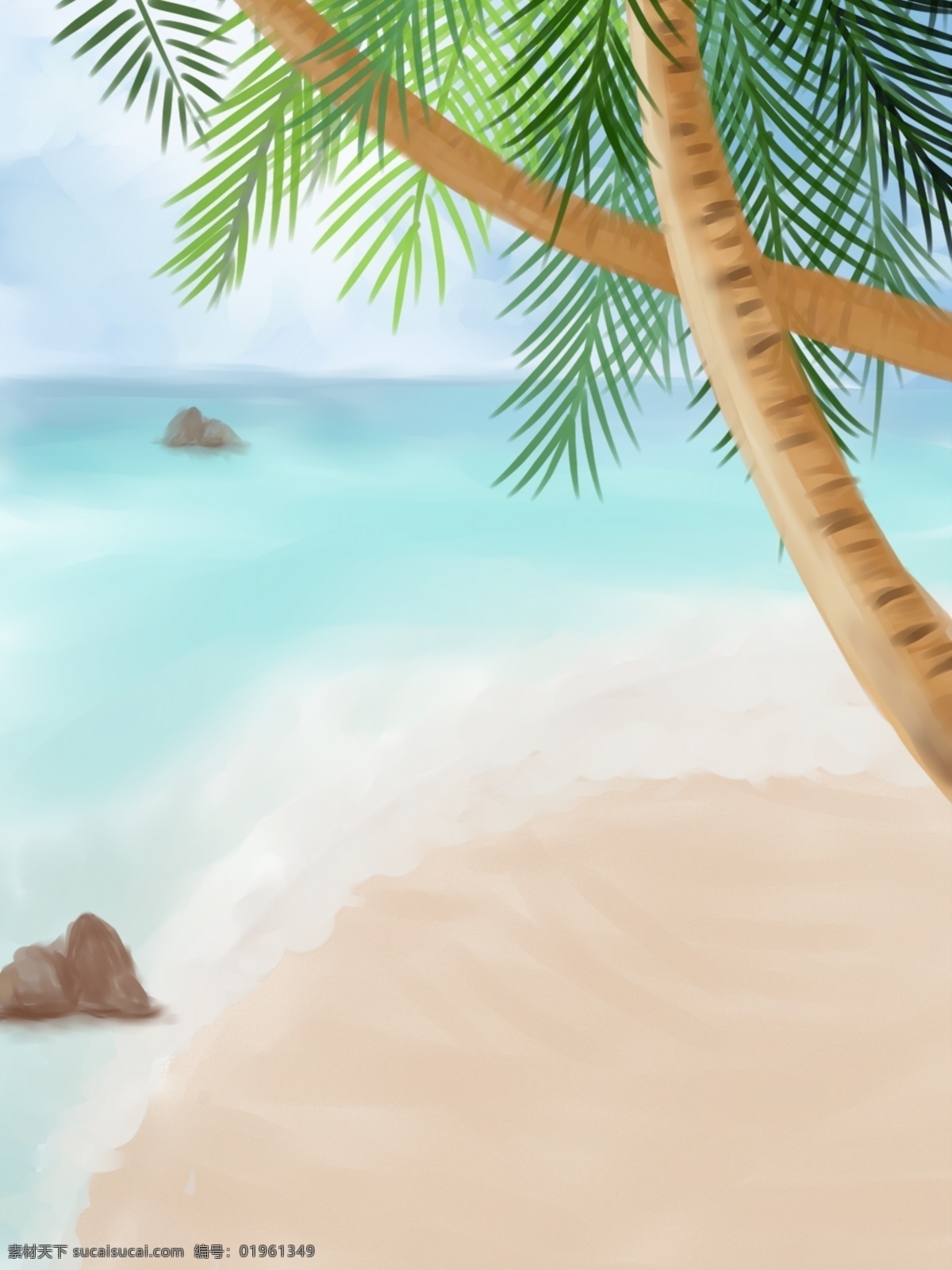 纯 原创 手绘 水彩 插画 美景 海滩 椰树 背景 大海 阳光