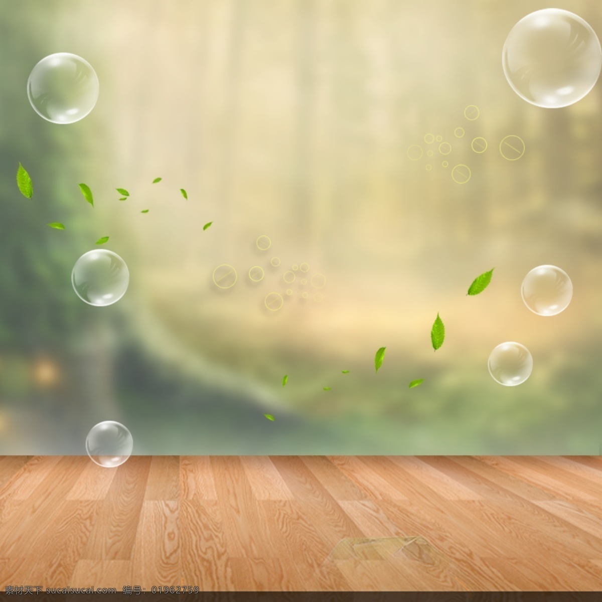 气泡 绿叶 木地板 背景图 广告