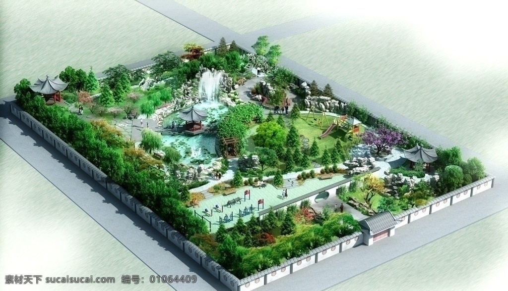 园林设计 竹子 树木 花园 瀑布 池塘 行人 园林规划 景观设计 小品设计 古园林设计 环境设计 源文件