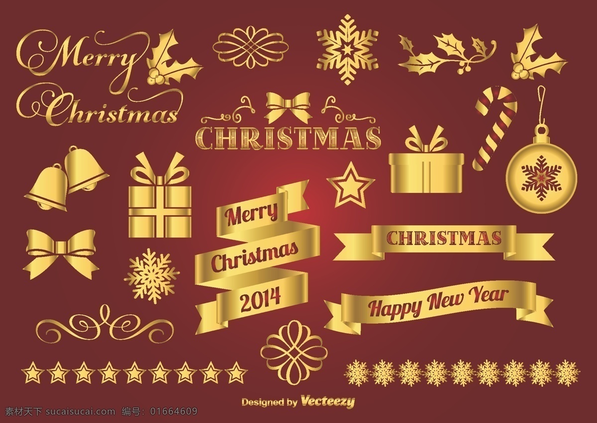 圣诞金色素材 圣诞 横幅 金色 礼盒 雪花 矢量图 声导纳快乐 铃铛 边纹 艺术字 点缀 圣诞专辑 分层