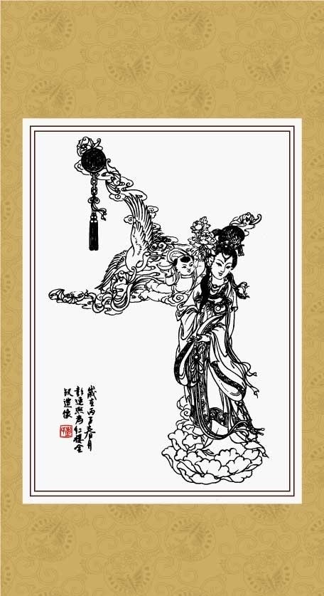 鬼狐仙怪 送子娘娘 线描 白描 绘画 工笔 国画 仕女 民间故事 传统纹样 传统文化 文化艺术 矢量
