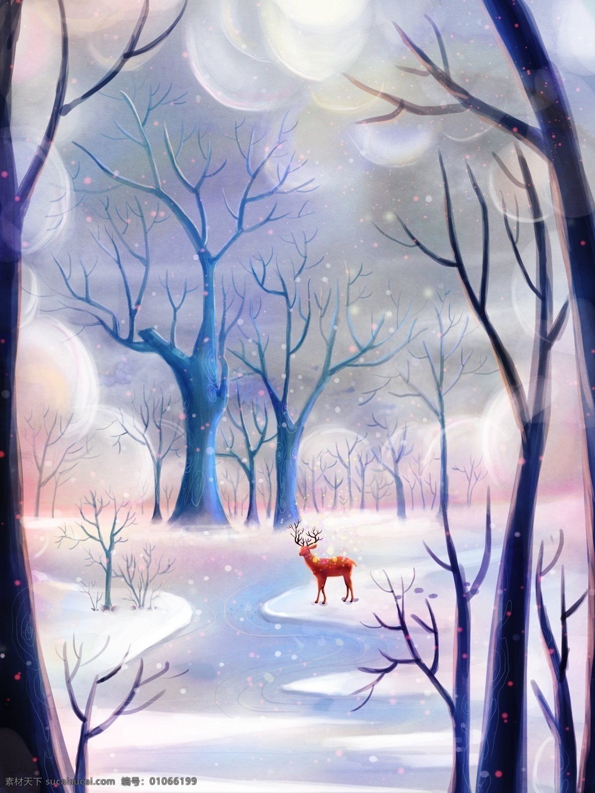 原创 立冬 唯美 插画 森林 里 鹿 雪景 梦幻 壁纸 冬至 下雪 树木