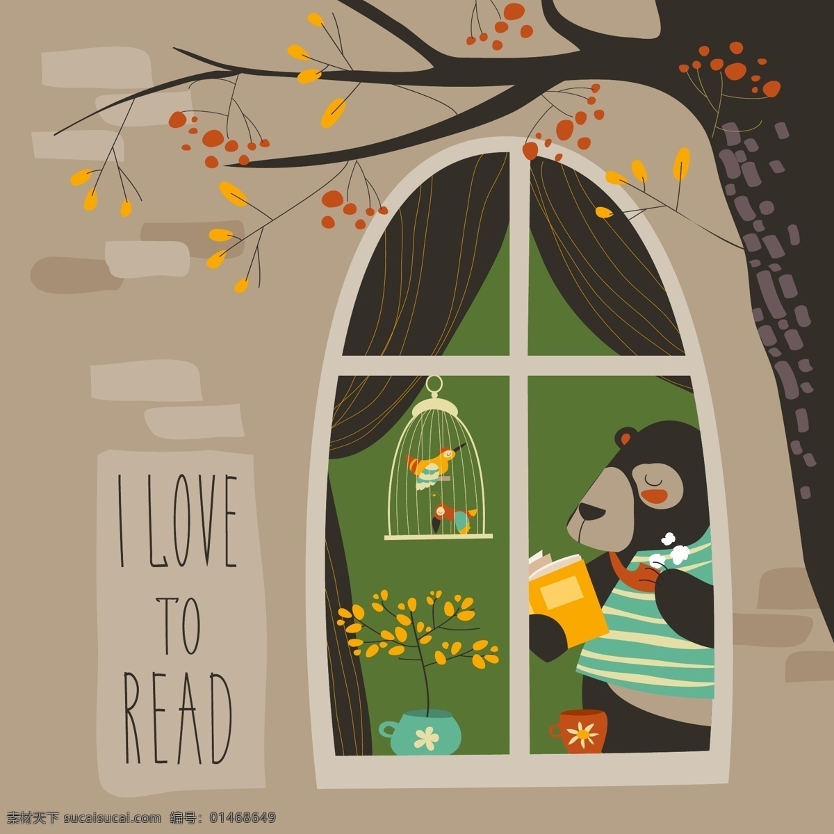 窗 看书 动物 元素 窗边看书 窗台 鸟儿 树木