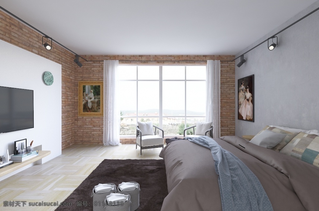 现代 简约 美式 乡村 卧室 温馨 室内设计 效果图 欧美风 砖墙 舒适 空旷
