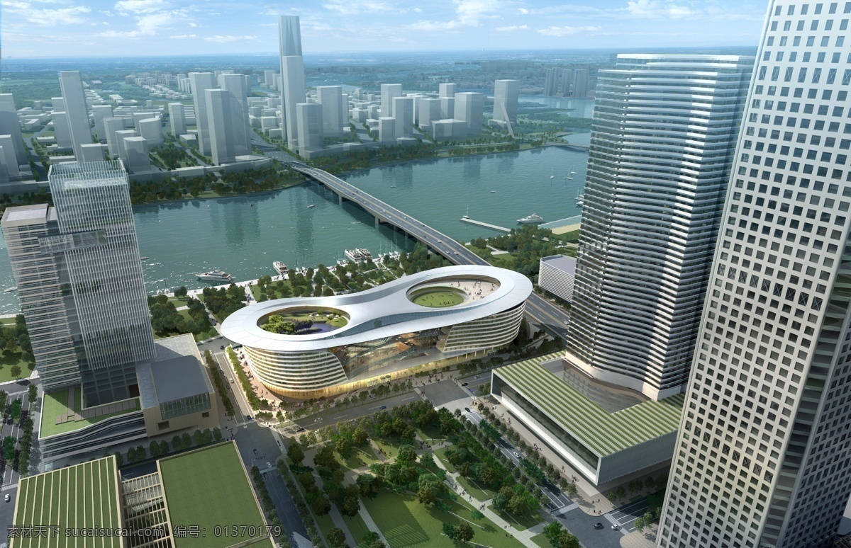 商业 大楼 建筑 景观 白云 草地 房屋 河流 建筑物 蓝天 桥梁 树木 原创设计 其他原创设计