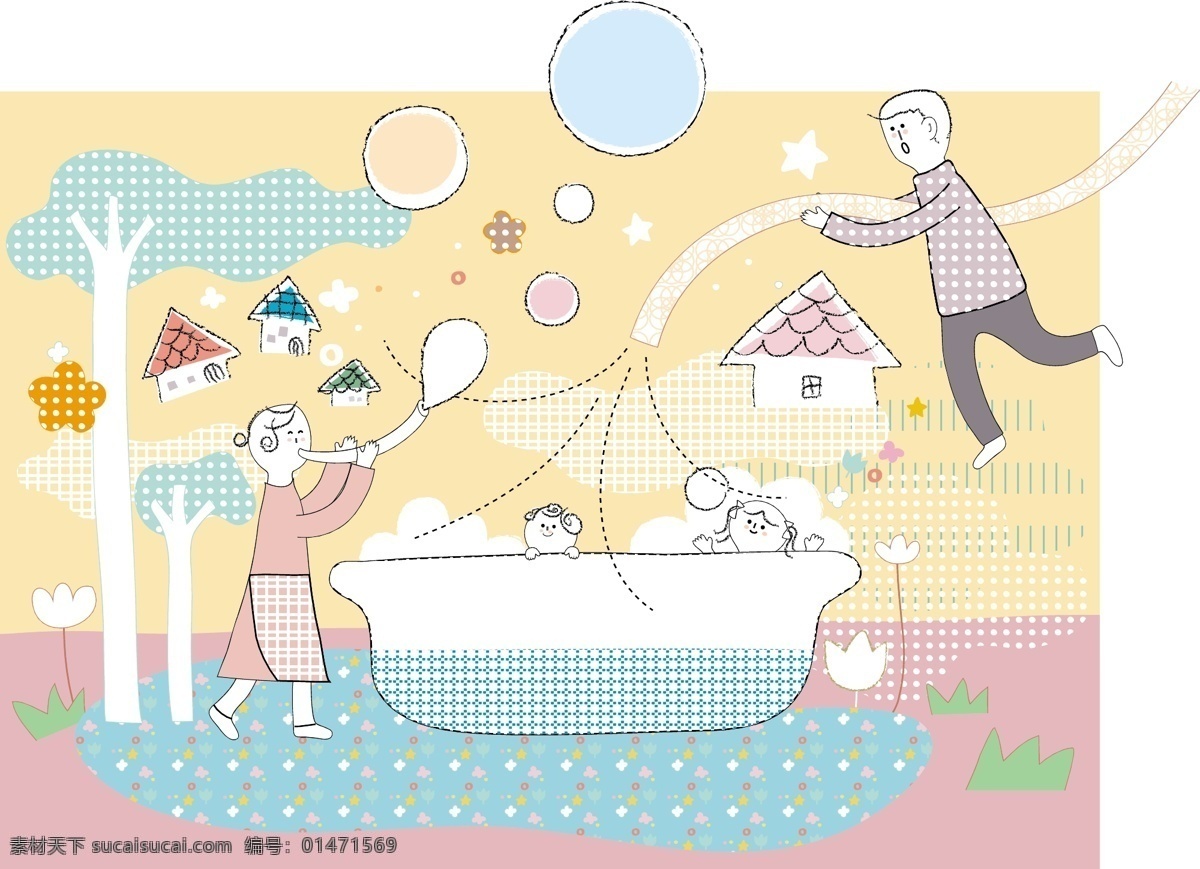 大树 湖泊 上 小船 孩子 psd素材 插画 家庭 树木 一家人 psd源文件