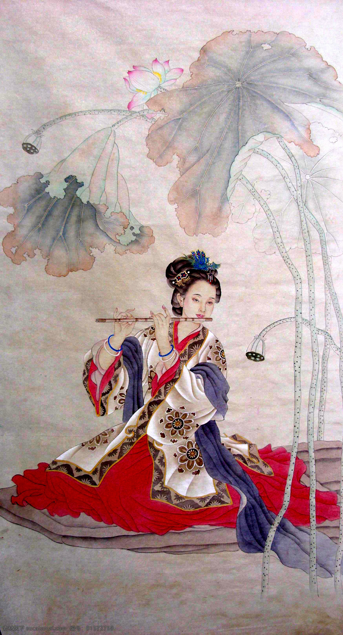 工笔仕女 美女 簪花 长裙 飘带 笛子 乐器 荷叶 花卉 古典 人物 国画 造型 装饰 民族风 中国元素 绘画书法 文化艺术