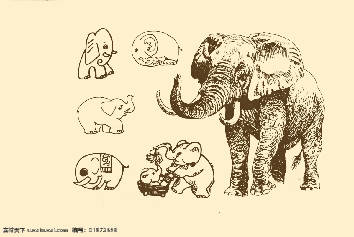 动物图案 大象 卡通 动物 纹样 图案 白描 简笔画 儿童画 象 分层 源文件