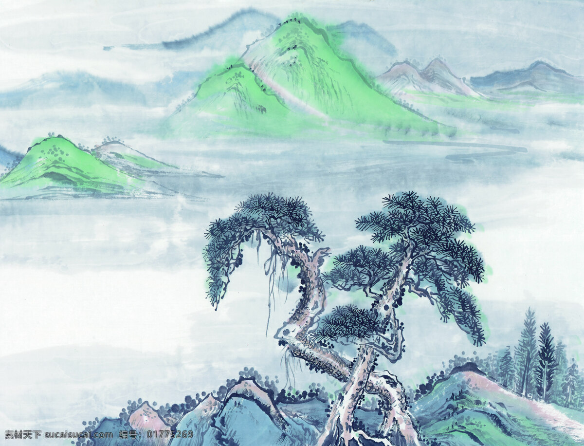 浓 情 山水画 松树 绘画 浓情 远山 中国画 重彩 家居装饰素材 山水风景画