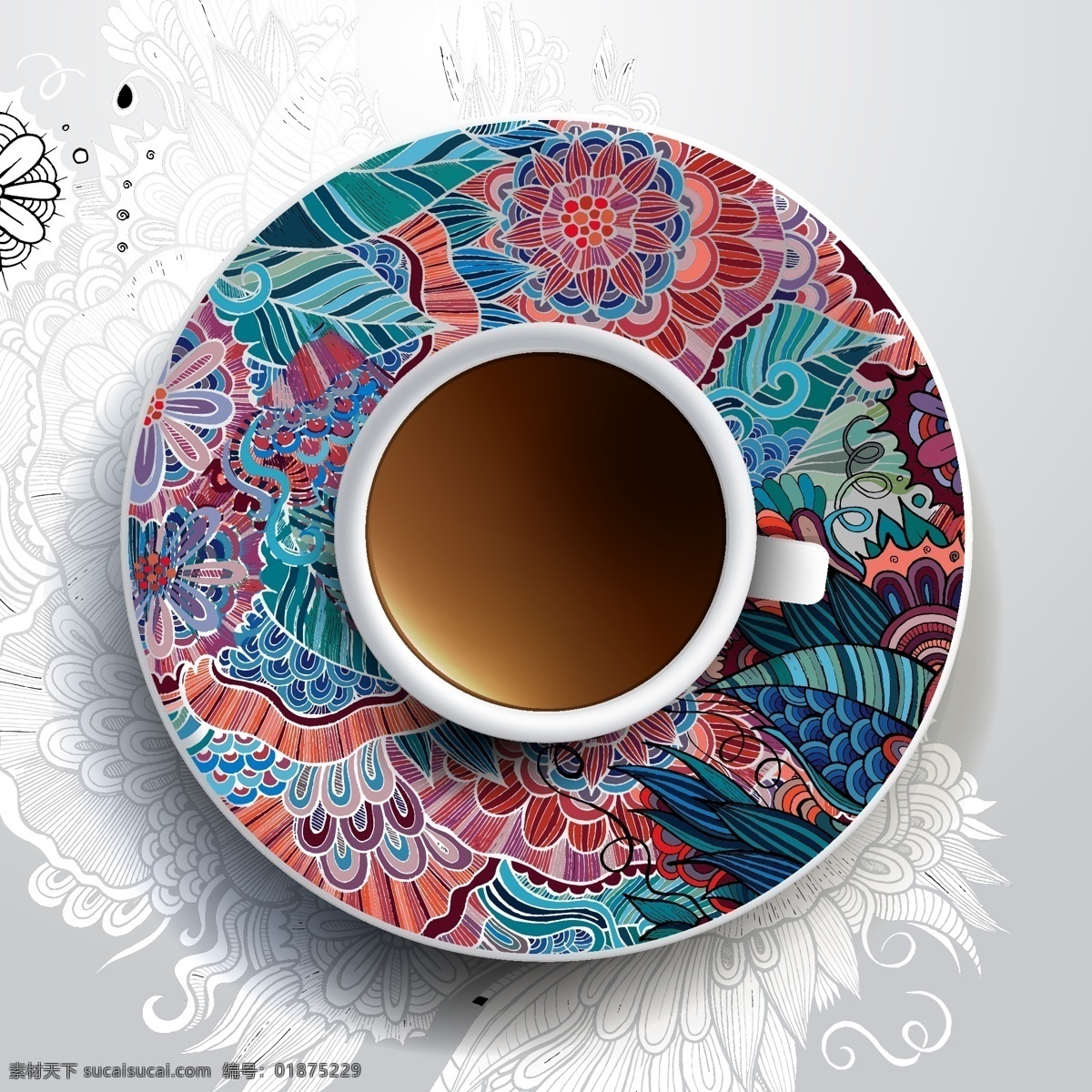 炫彩 花纹 咖啡杯 具 独特 华丽 咖啡 涂鸦 瓷碟 矢量 矢量图 日常生活