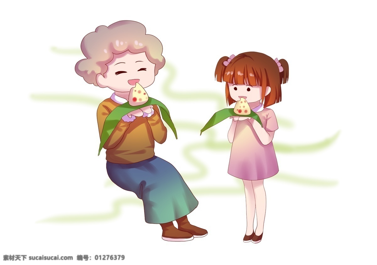 端午节 奶奶 孙女 一起 吃 粽子 节日 传统习俗 食物 开心 快乐 笑脸 笑容 连衣裙 蝴蝶结 老年人 外婆 女孩 可爱