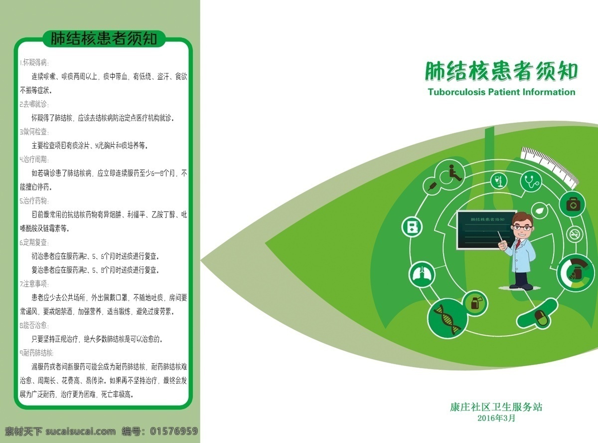 肺结核彩页 绿色背景 如何治疗 治疗过程 定期复查 注意事项 患者须知 社区医疗
